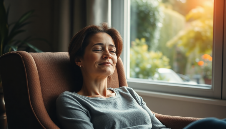 Femme détendue pratiquant l'hypnose pour gérer son anxiété post-électorale.