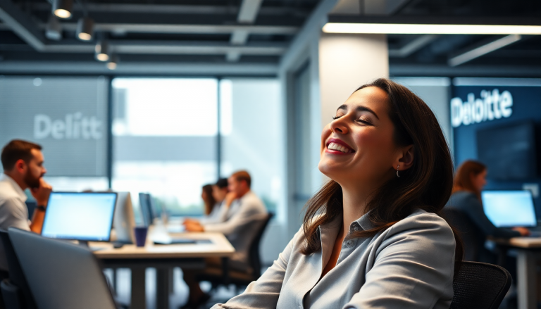 Femme d'affaires souriante et concentrée au travail grâce à l'hypnose