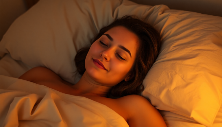 Photo hyperréaliste d'une personne dormant paisiblement dans son lit, symbole du calme après des crises d'angoisse nocturnes, grâce à l'hypnose