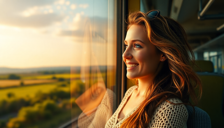 Femme sereine observant le paysage depuis la fenêtre d'un train, symbole de liberté retrouvée grâce à l'hypnose.