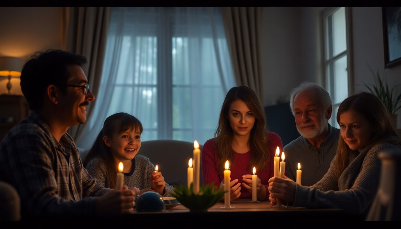 Une famille assise dans le salon à la lumière de bougies, l'air préoccupé.