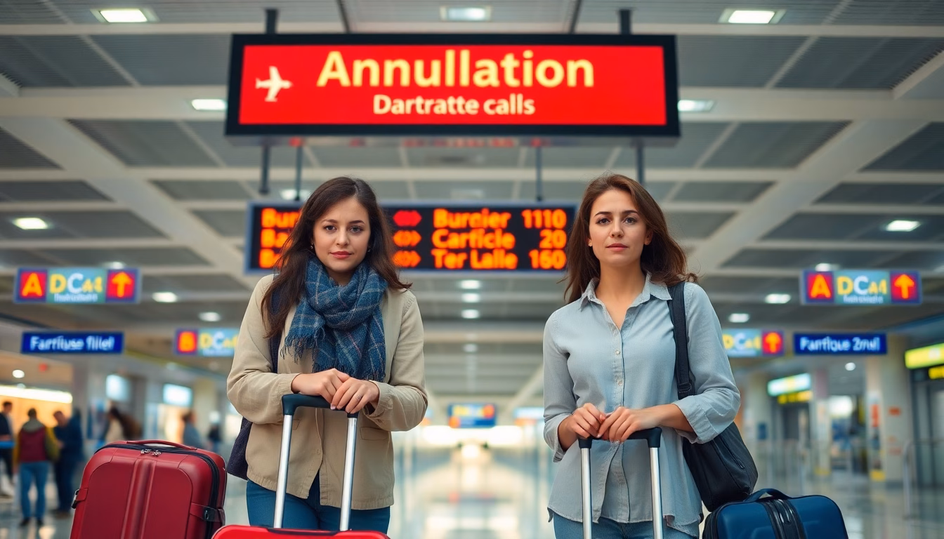 Un couple désemparé devant un panneau d'informations d'aéroport affichant 'Annulé'.