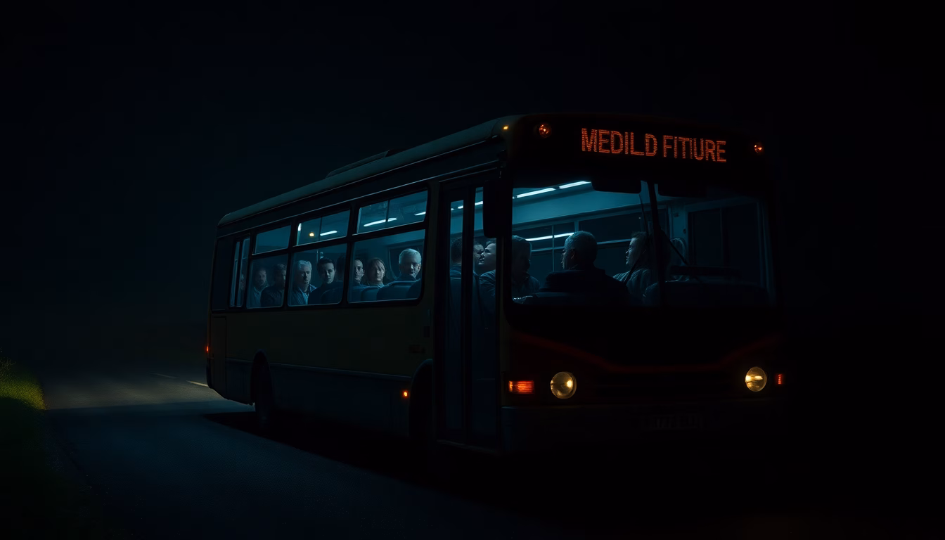 Un bus en panne dans la nuit, des passagers inquiets.