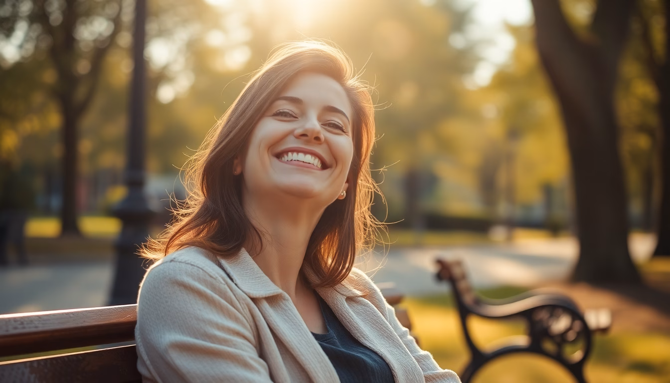 Femme souriante profitant d'une pause dans un jardin fleuri