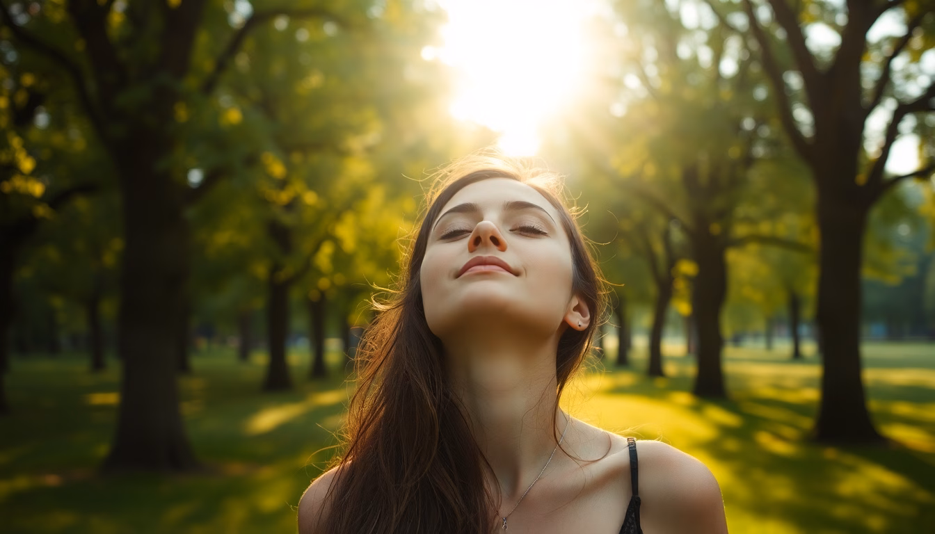 Une femme souriante pratiquant la respiration profonde en pleine nature