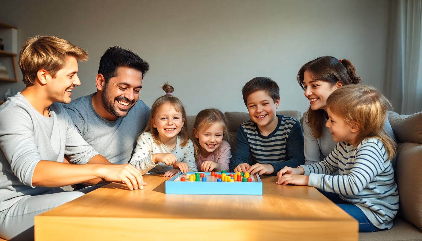 Famille jouant ensemble autour d'une table avec des jeux de société