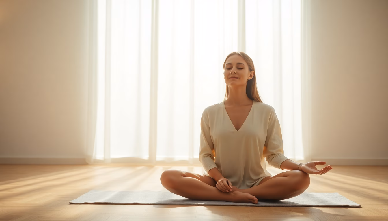 Personne assise confortablement avec les yeux fermés, un léger sourire aux lèvres, dans un environnement calme.