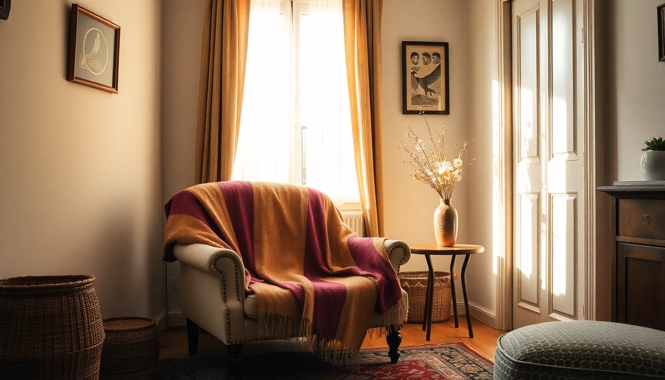 Une écharpe vintage utilisée comme élément de décoration murale.