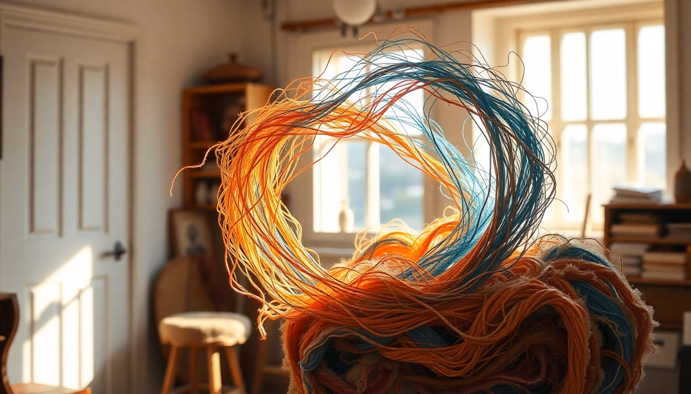 Main travaillant sur une broderie complexe avec des fils colorés