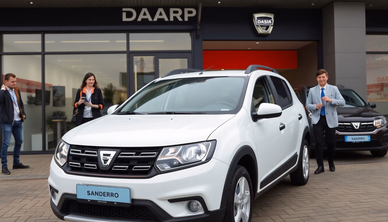Une voiture Dacia moderne garée devant un paysage.