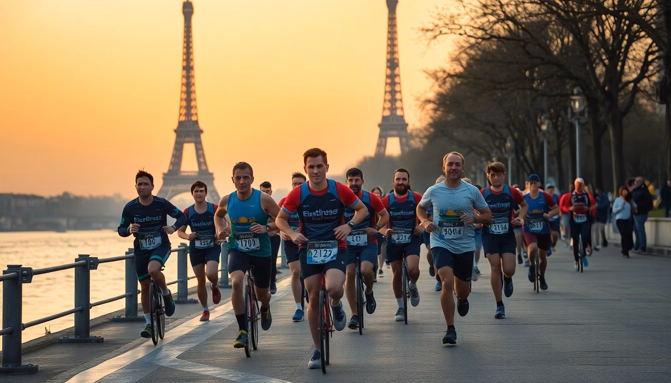 coureurs franchissant la ligne d'arrivée des 20km de Paris